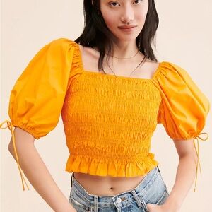 Anthropologie Bright Yellow Smocked Puff-Sleeve Crop Top